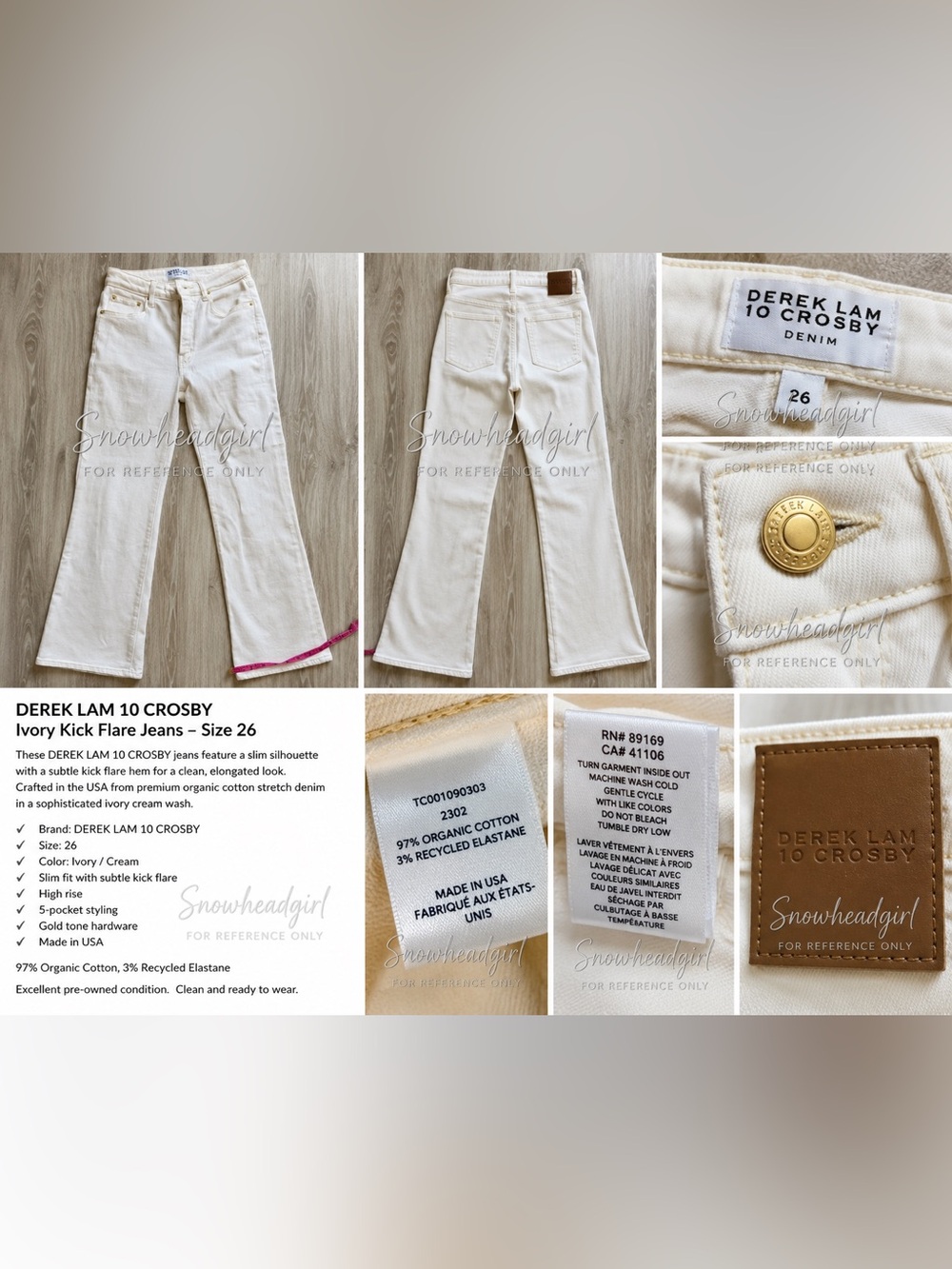 Derek Lam 10 Crosby Ivory Kick Flare Jeans 26 Organic Cotton- Made in USA -EUC